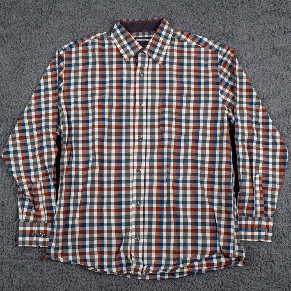 Johnston & Murphy Shirt‎ Mens Large Brown Plaid Tailored Fit Button Up Pocket